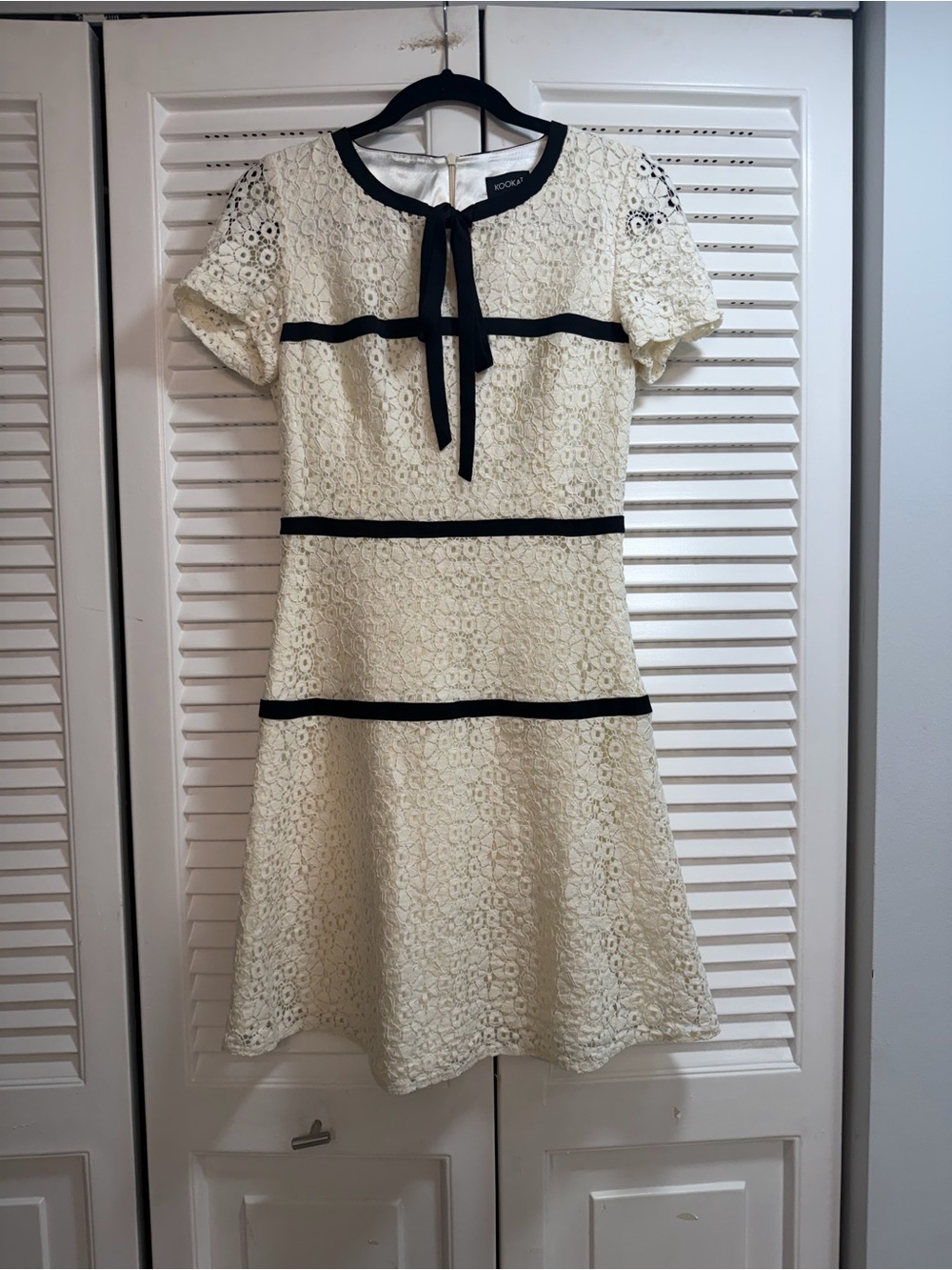 Kookai Cream Lace Dress with Black Trim and Bow